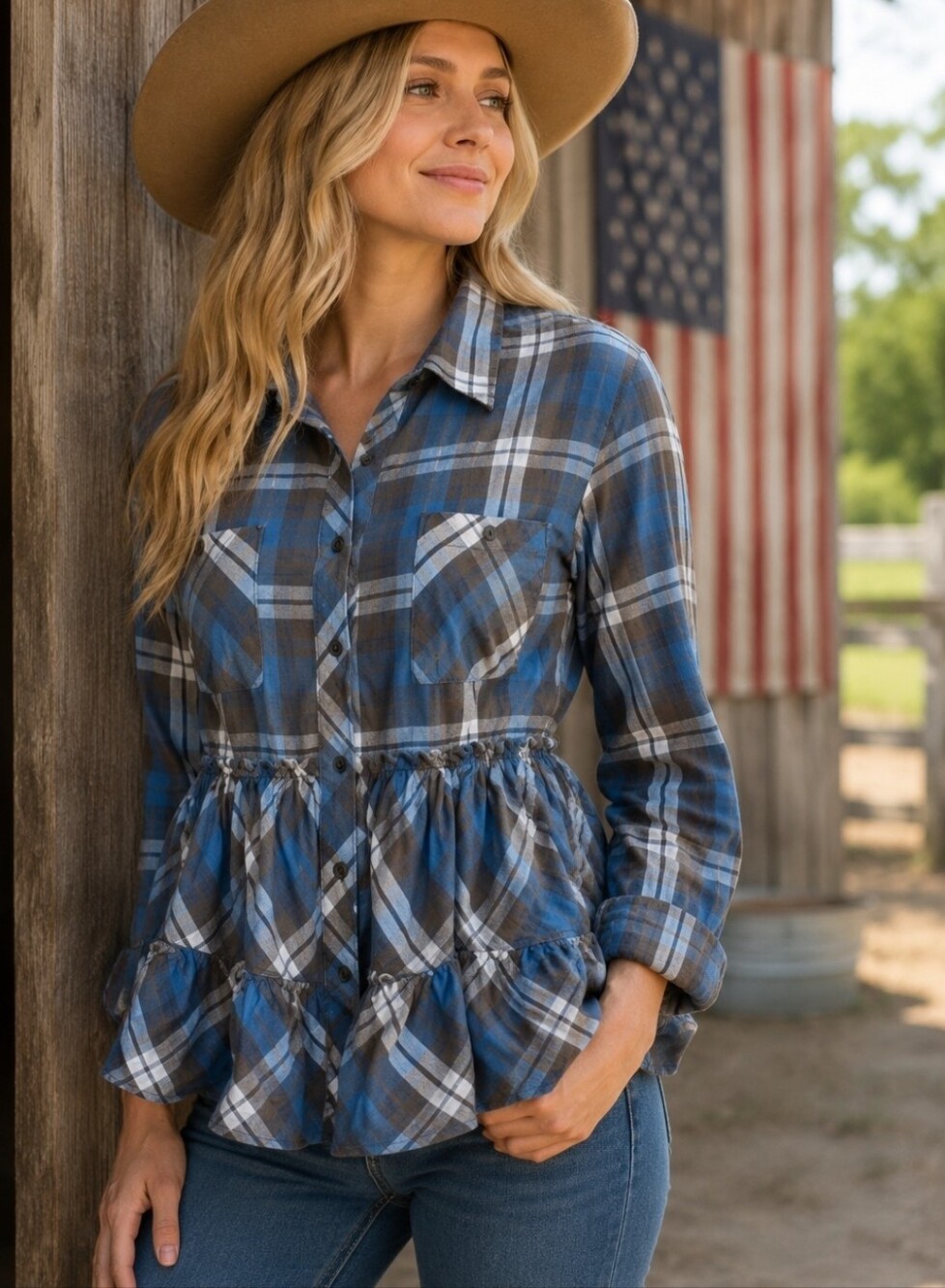 Denim & Supply Ralph Lauren Plaid Tiered Ruffled Button Down Shirt Blue/Grey XL